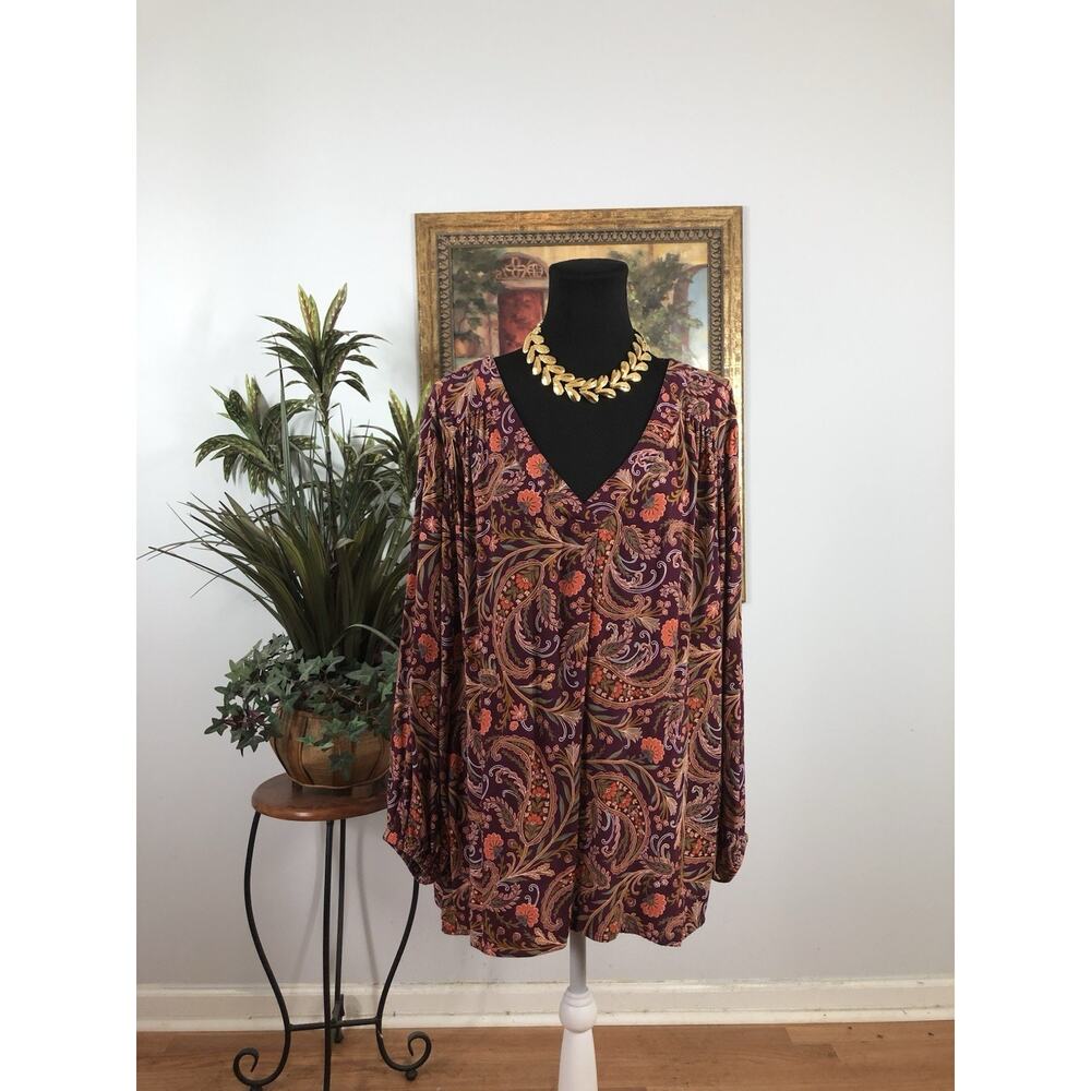 St John Bay Women Blouse 2X Long Sleeve V-Neck Pleated Paisley Boho Lagenlook